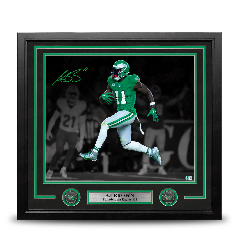 AJ Brown Philadelphia Eagles Autographed 16" x 20  Framed Kelly Green Blackout Football Photo