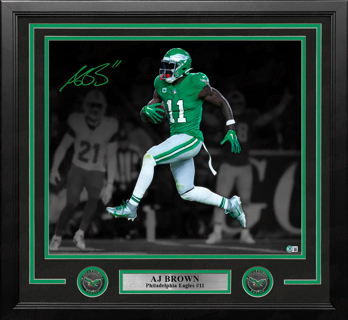 AJ Brown Philadelphia Eagles Autographed 16" x 20  Framed Kelly Green Blackout Football Photo - Image 2