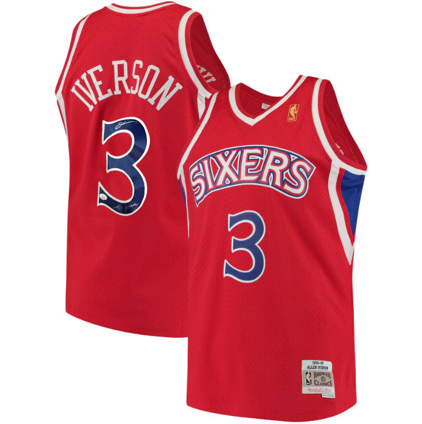 Allen Iverson Philadelphia 76ers Autographed Red Mitchell & Ness Jersey Incribed The Answer