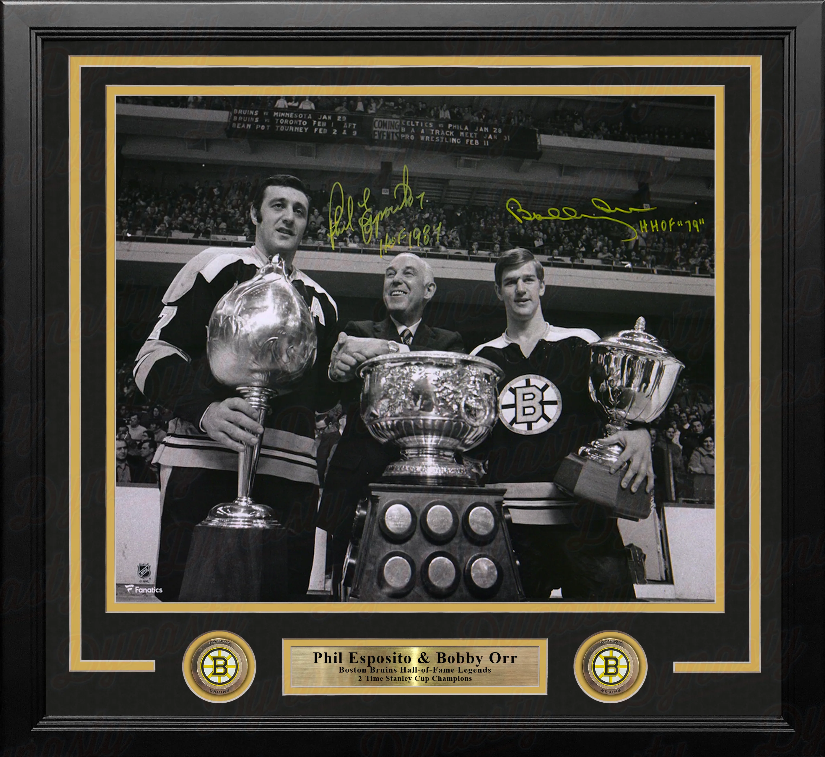 Bobby Orr & Phil Esposito Trophies Boston Bruins Autographed 16" x 20" Framed Hockey Photo - Image 2