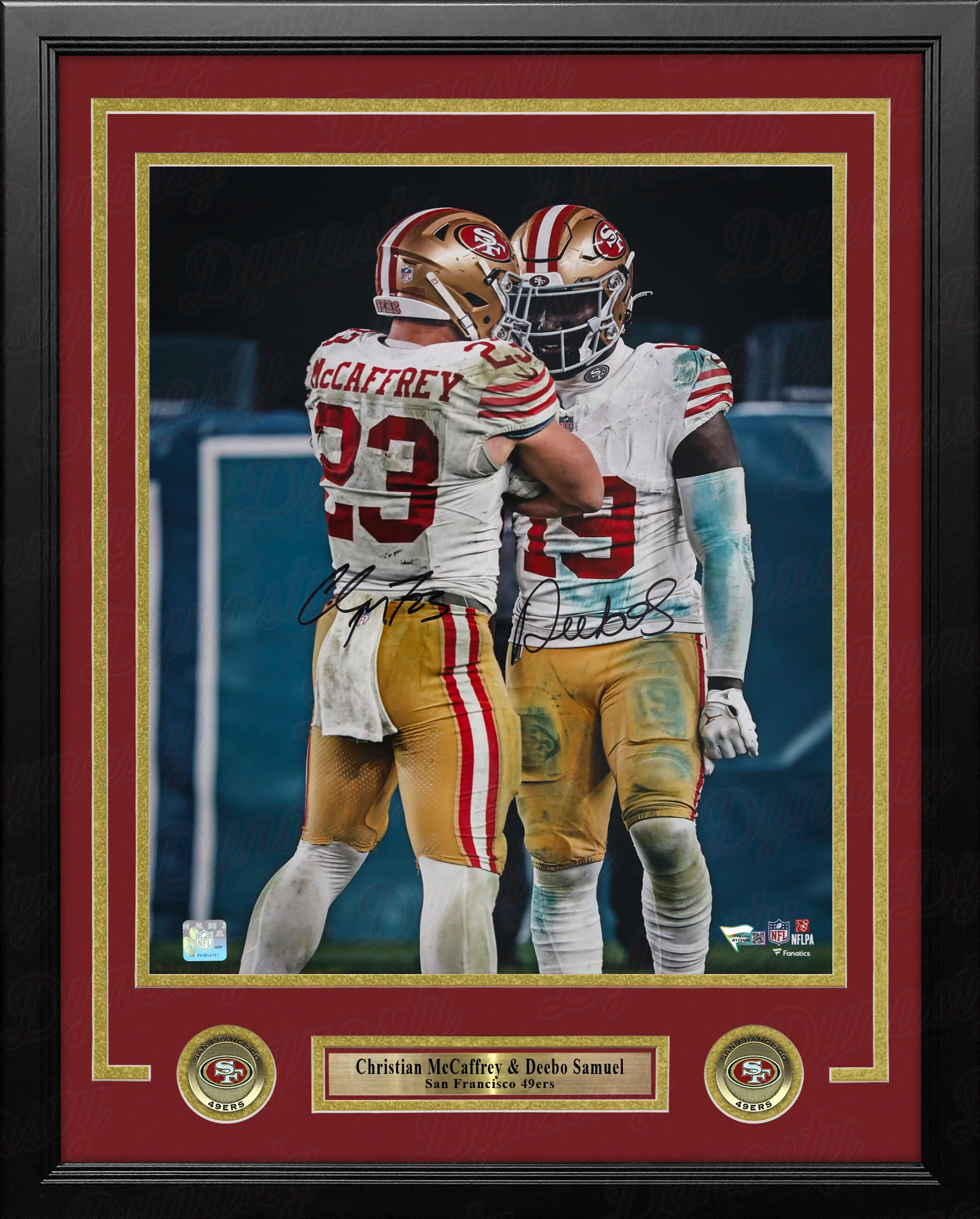 Christian McCaffrey & Deebo Samuel San Francisco 49ers Autographed 16" x 20" Framed Football Photo - Image 2