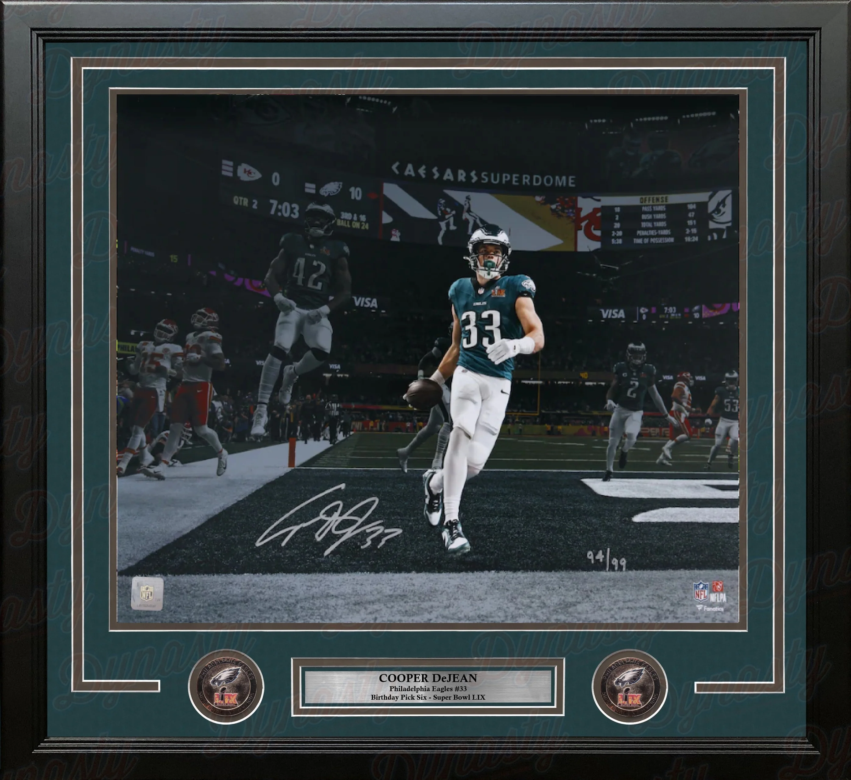 Cooper DeJean Super Bowl LIX Pick Six Philadelphia Eagles Autographed 16x20 Framed Photo #ed to 99