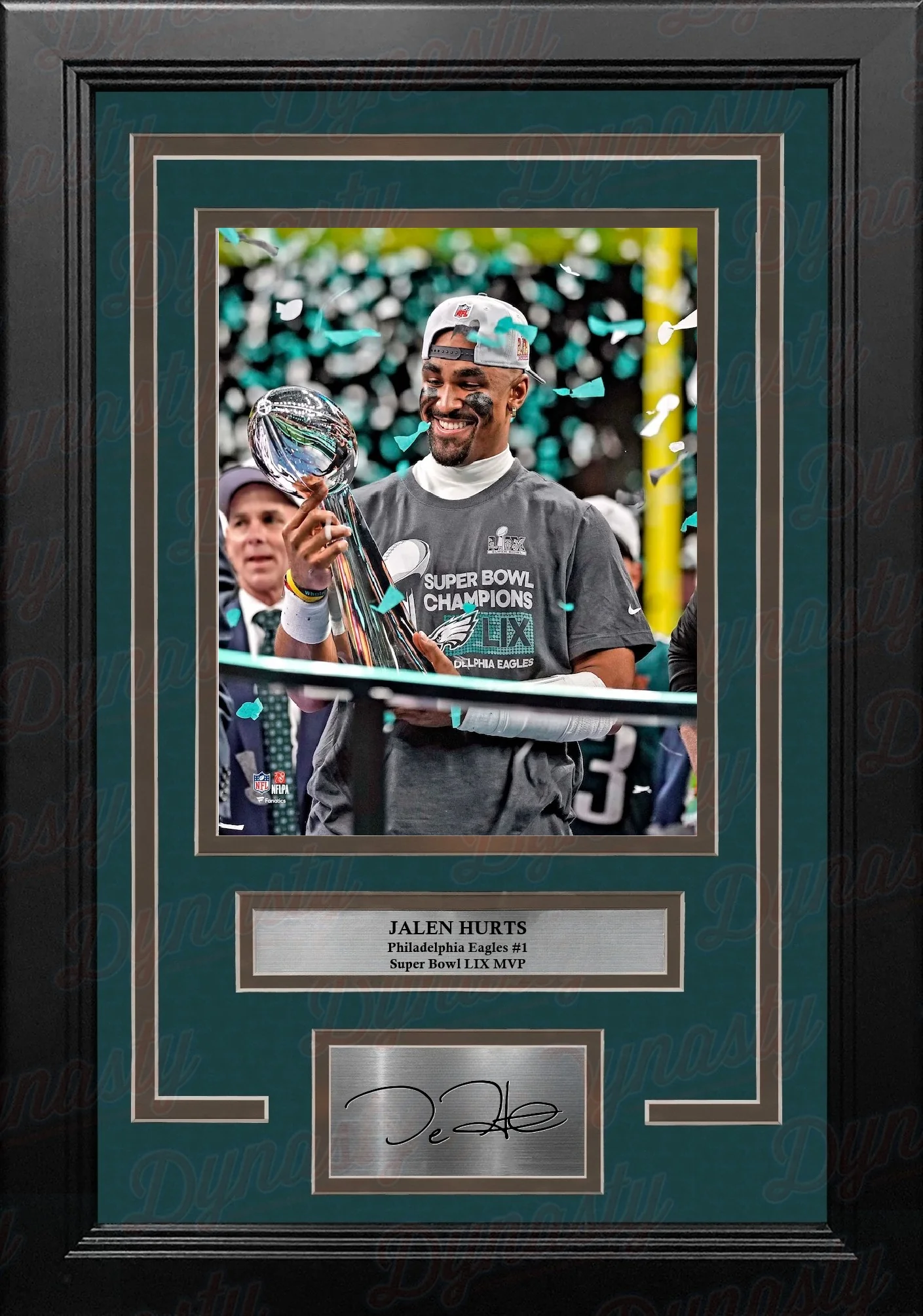 Jalen Hurts Trophy Philadelphia Eagles Super Bowl Champions 16x20 Framed Photo & Engraved Autograph