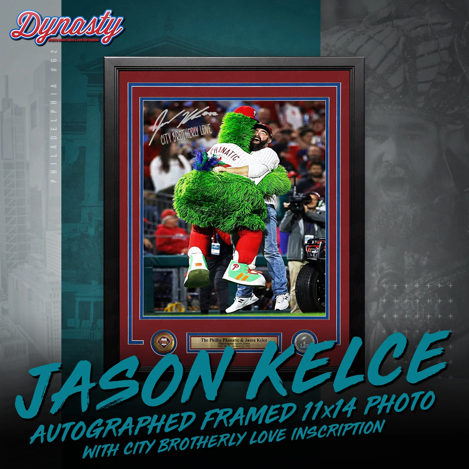 Jason Kelce Celebrates with The Phillie Phanatic NLCS Autographed Framed Photo | Retirement Pre-Sale Opportunity - Image 6