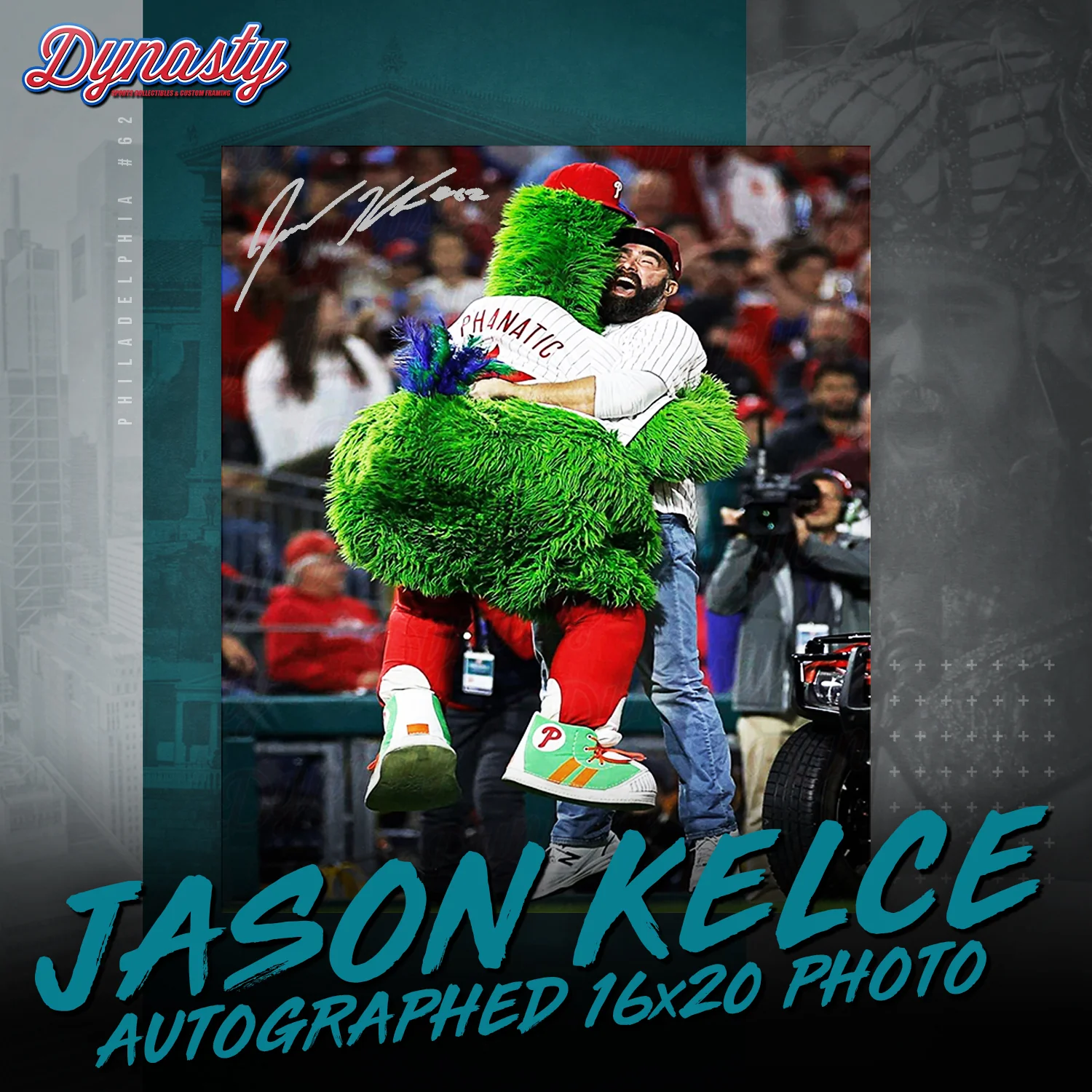 Jason Kelce Celebrates with The Phillie Phanatic NLCS Autographed Photo | Retirement Pre-Sale Opportunity - Image 9