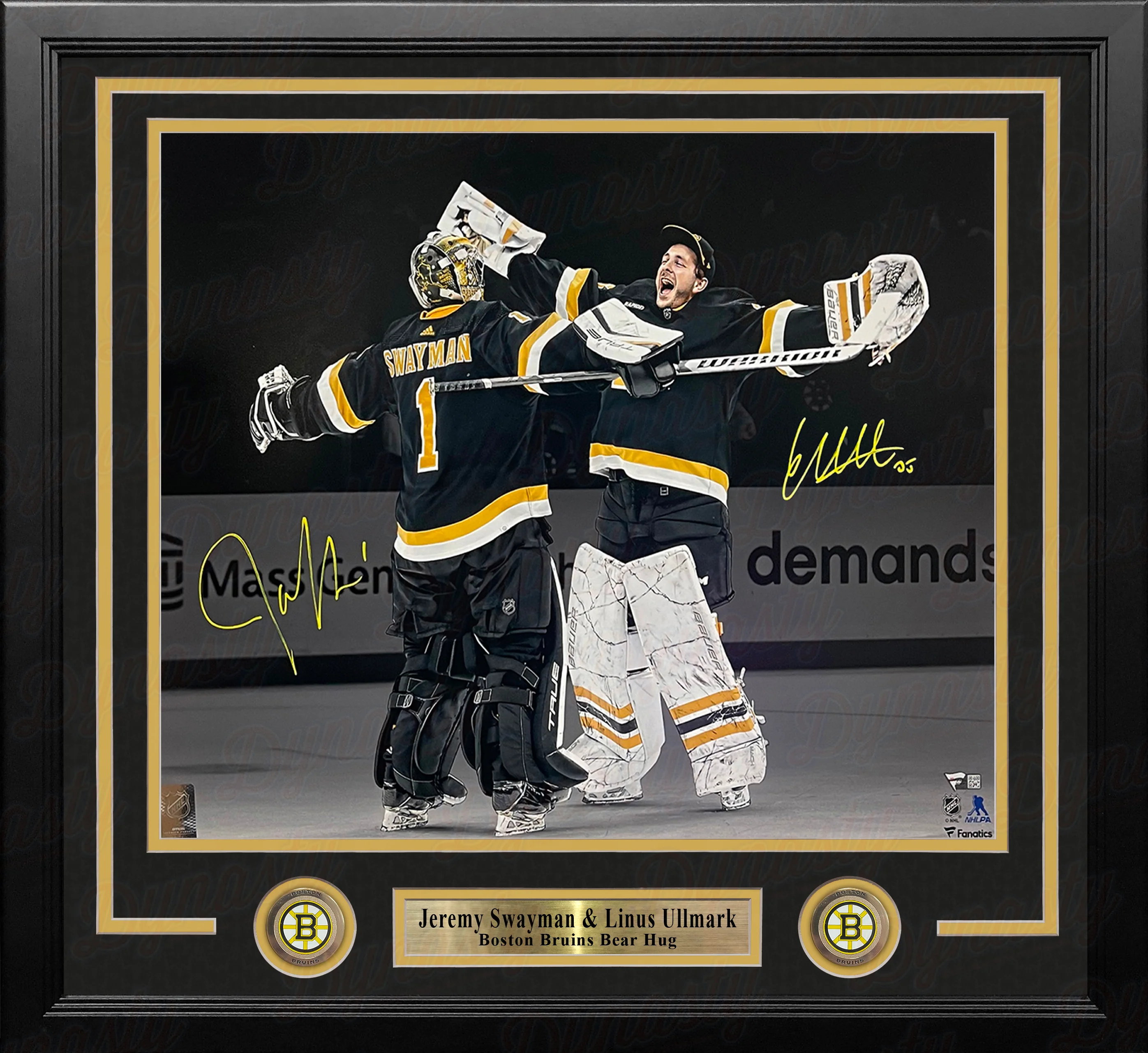 Jeremy Swayman & Linus Ullmark Bear Hug Boston Bruins Autographed 16x20 Framed Blackout Photo