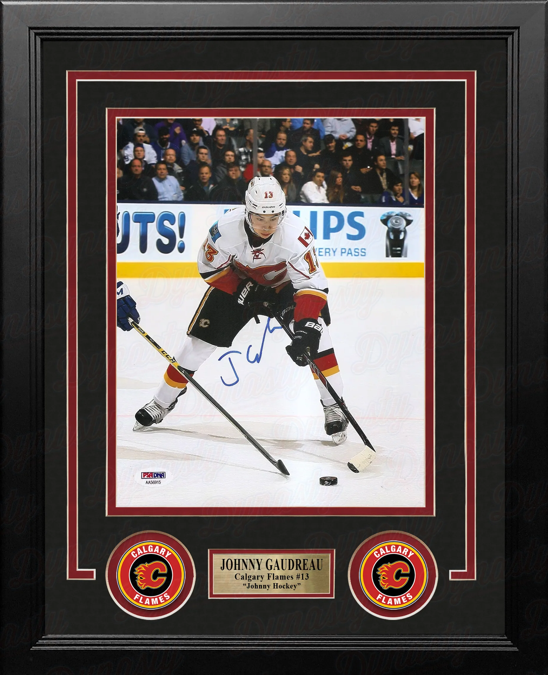 Johnny Gaudreau Fights for the Puck Calgary Flames Autographed 8" x 10" Framed Hockey Photo - Image 2