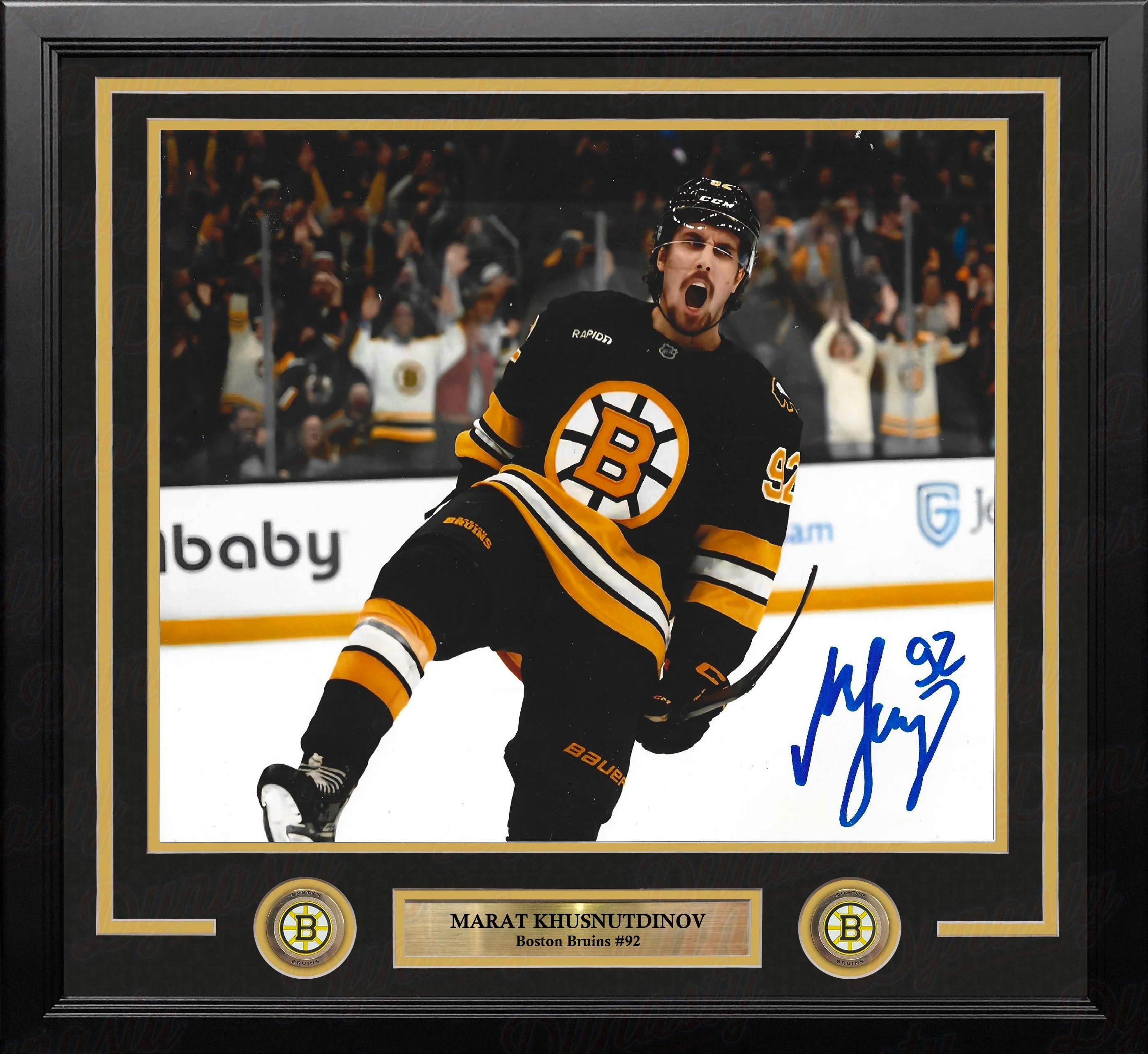 Marat Khusnutdinov Celebration Boston Bruins Autographed 16" x 20" Framed Hockey Photo