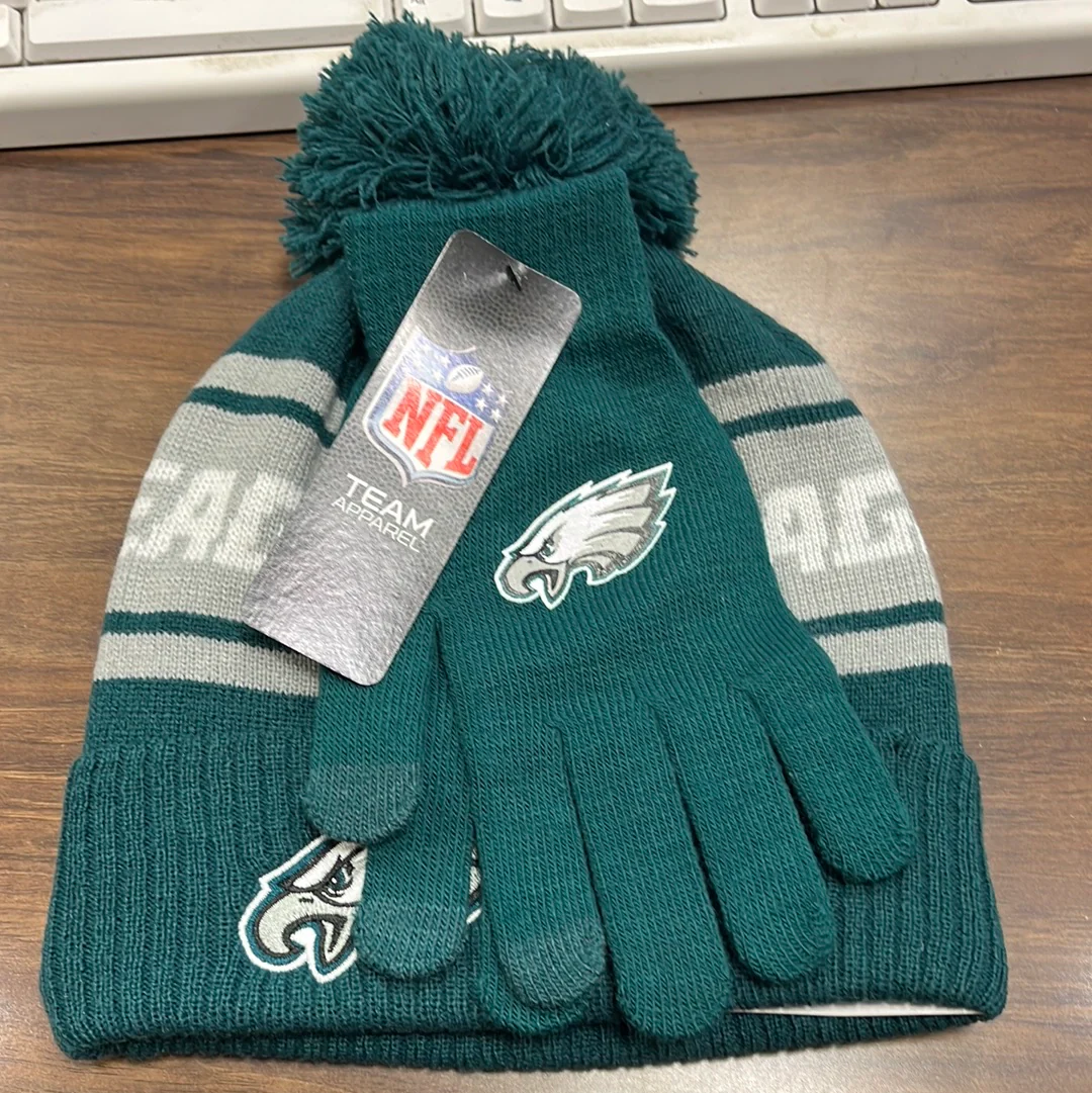 Philadelphia Eagles Gray Word Mark Cuffed Pom Knit Beanie and Gloves Set