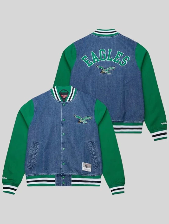 Philadelphia Eagles Mitchell & Ness Women's Denim/Kelly Green Varsity Full-Snap Jacket