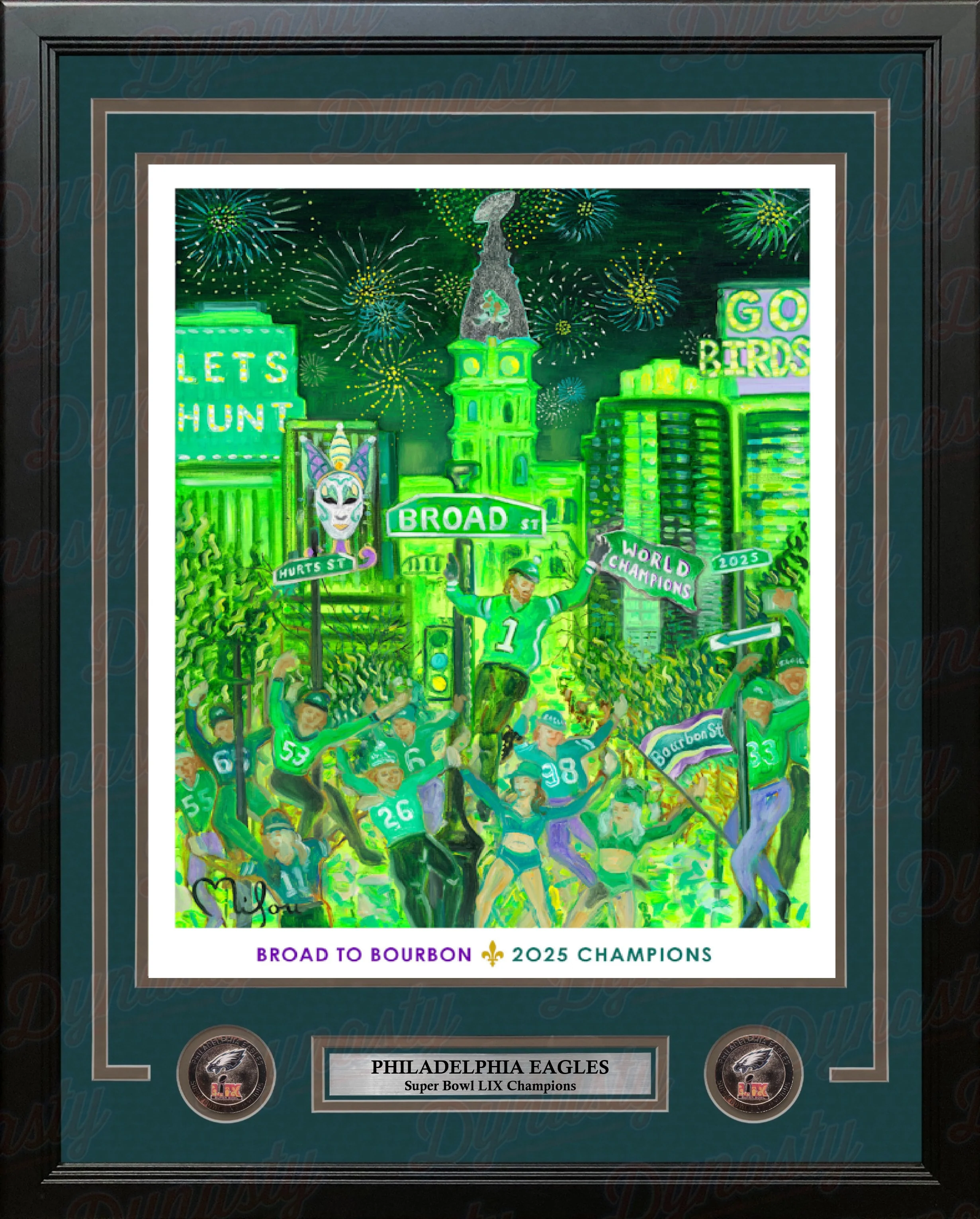 Philadelphia Eagles Super Bowl LIX From Broad to Bourbon 24x32 Framed Perry Milou Championship Print