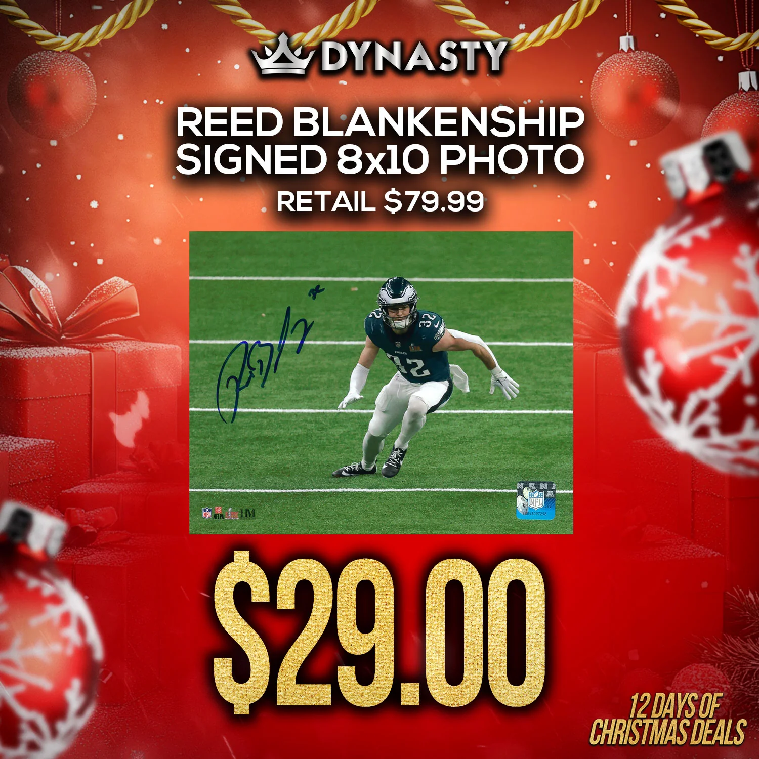 Reed Blankenship Super Bowl LIX Action Philadelphia Eagles Autographed 8" x 10" Football Photo