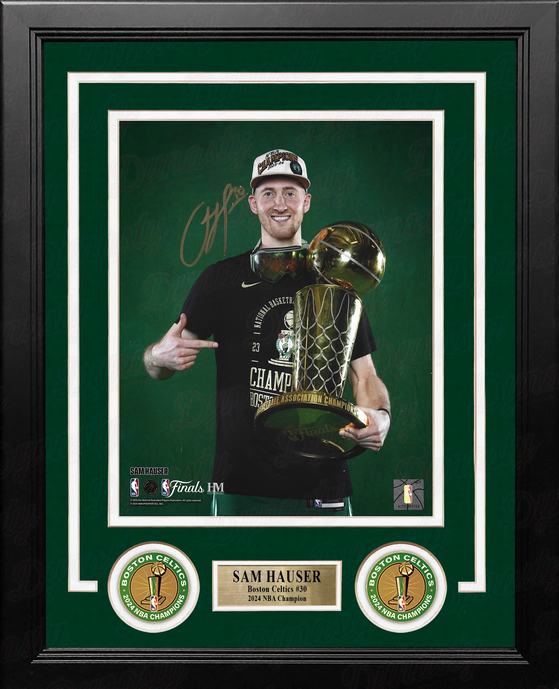 Sam Hauser 2024 NBA Trophy Autographed Boston Celtics 8" x 10" Framed Championship Photo - Image 2