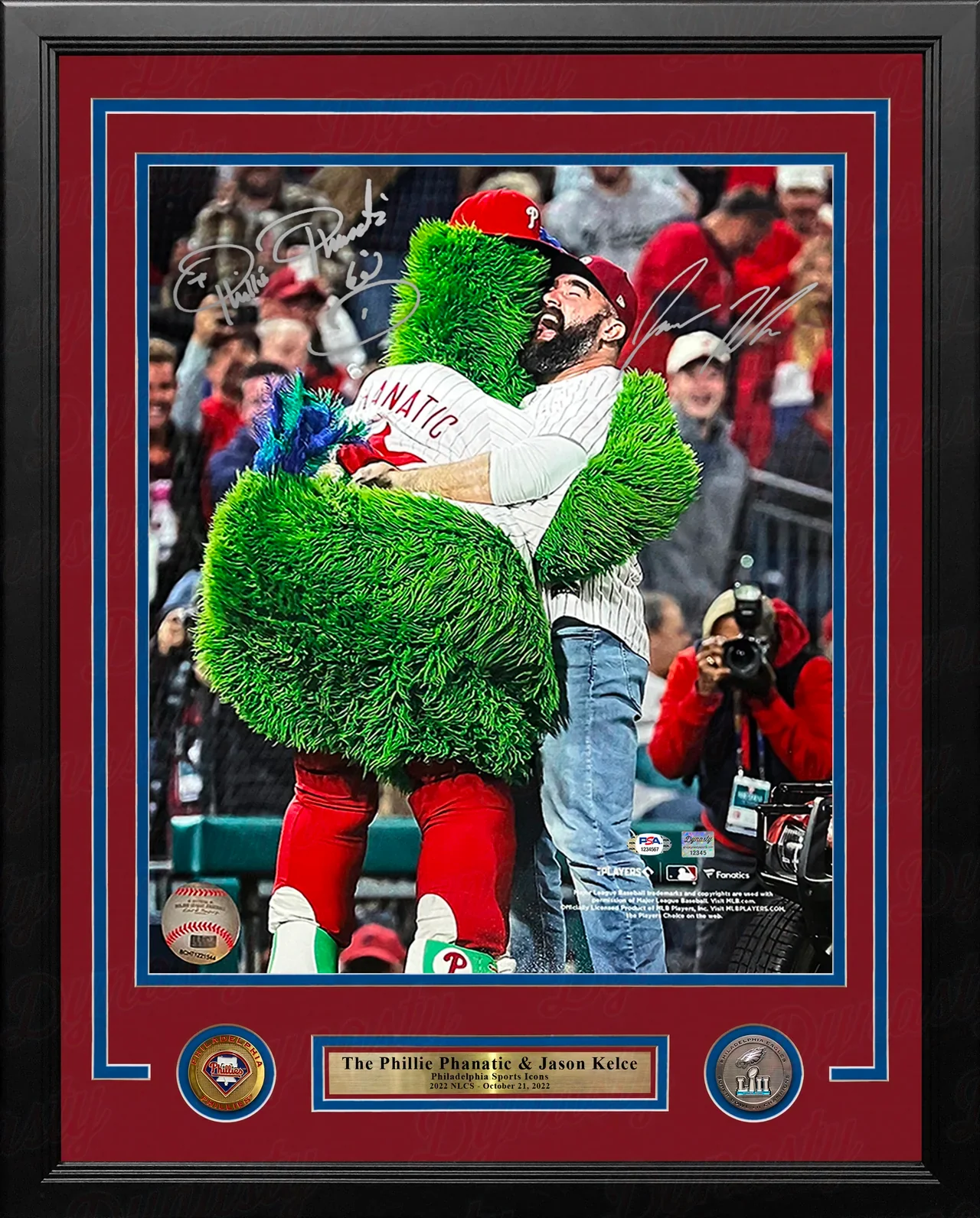 The Phillie Phanatic & Jason Kelce 2022 NLCS Autographed 20" x 24" Framed Baseball Photo - Image 2