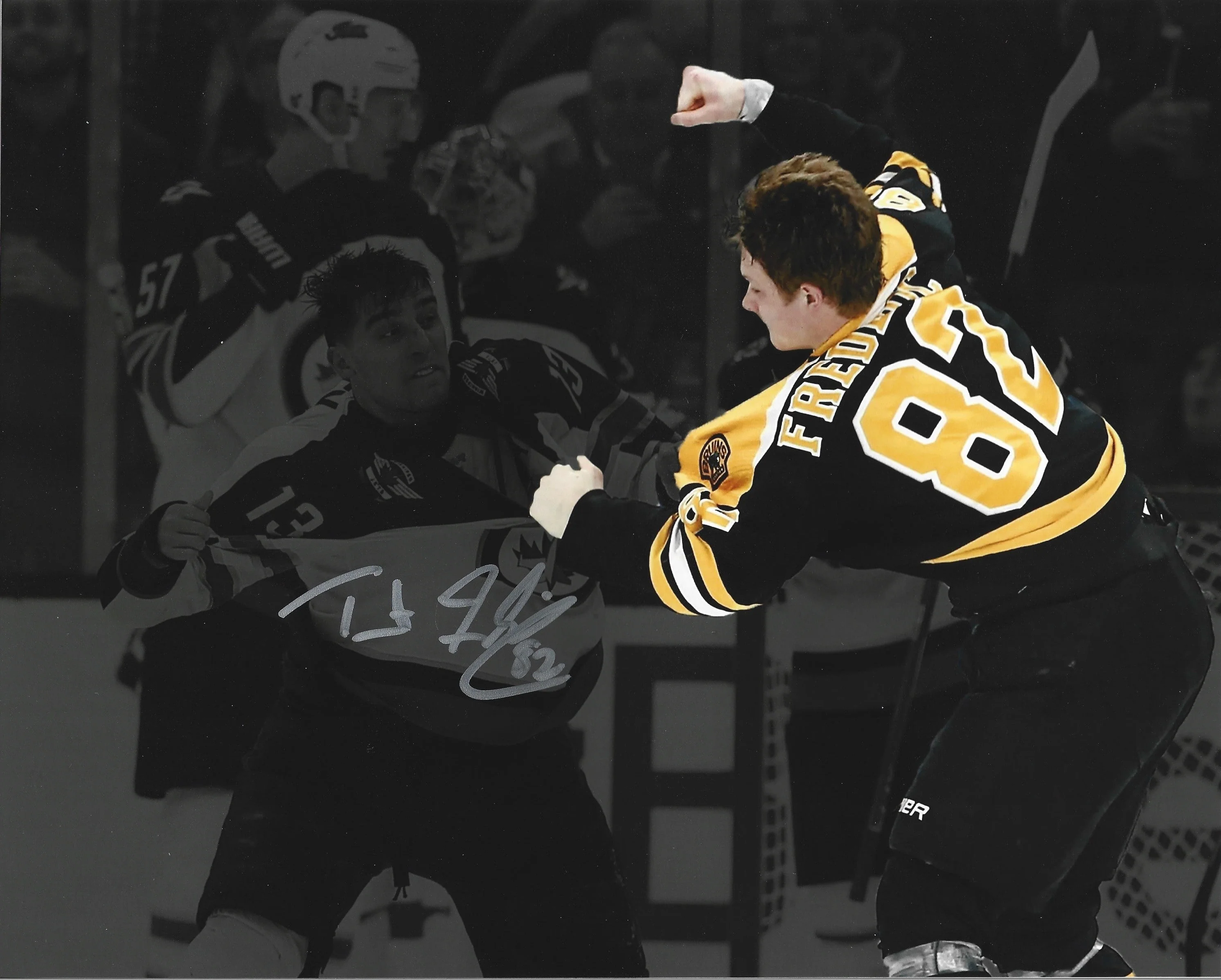 Trent Frederic Fight Boston Bruins Autographed Blackout 11" x 14" Hockey Photo - Image 2