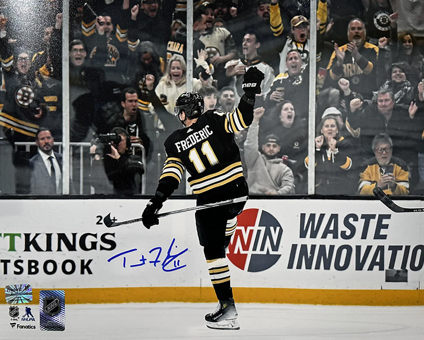 Trent Frederic Goal Celebration Boston Bruins Autographed 16" x 20" Hockey Photo - Image 2