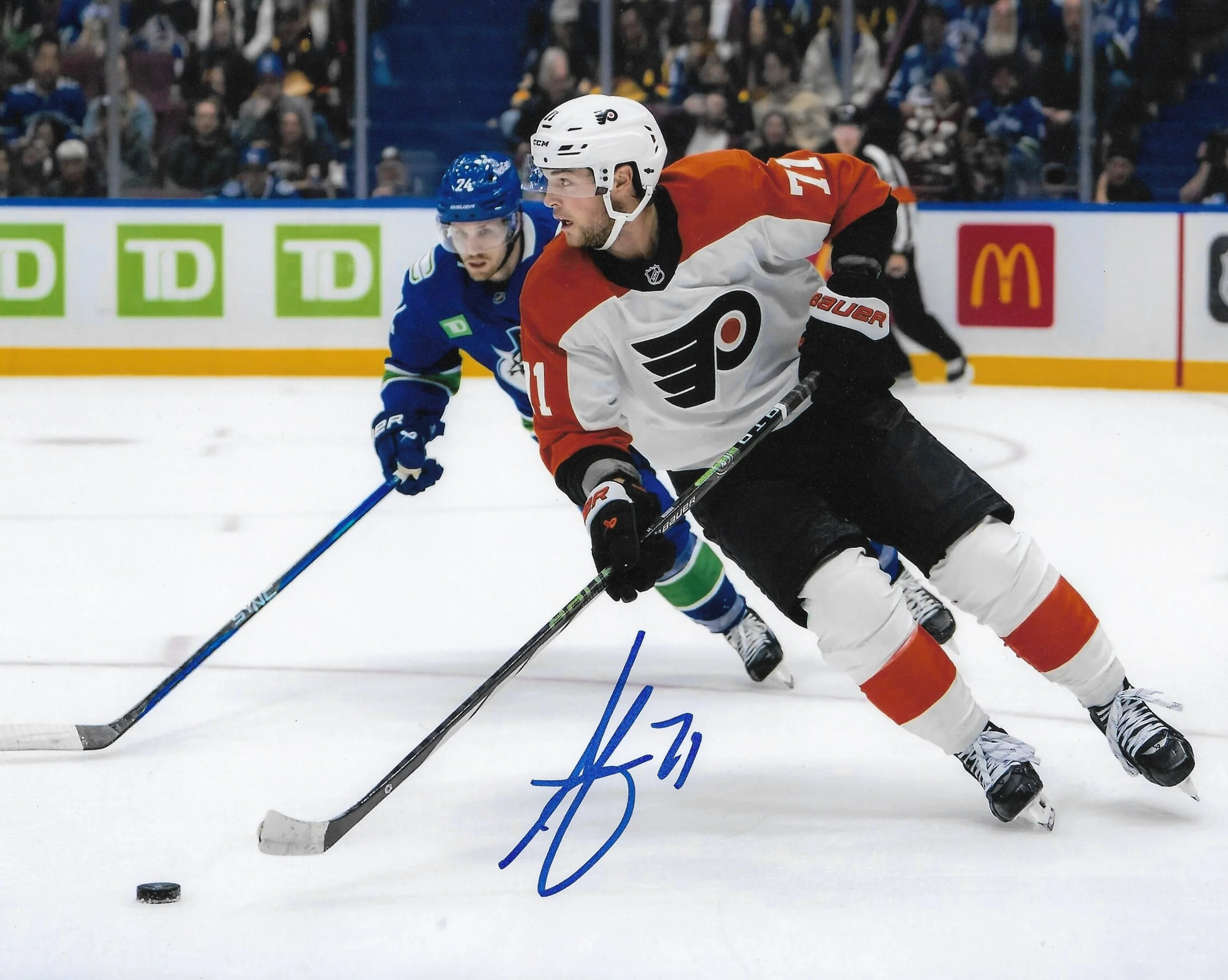 Tyson Foerster v. Vancouver Autographed Philadelphia Flyers 16" x 20" Hockey Photo