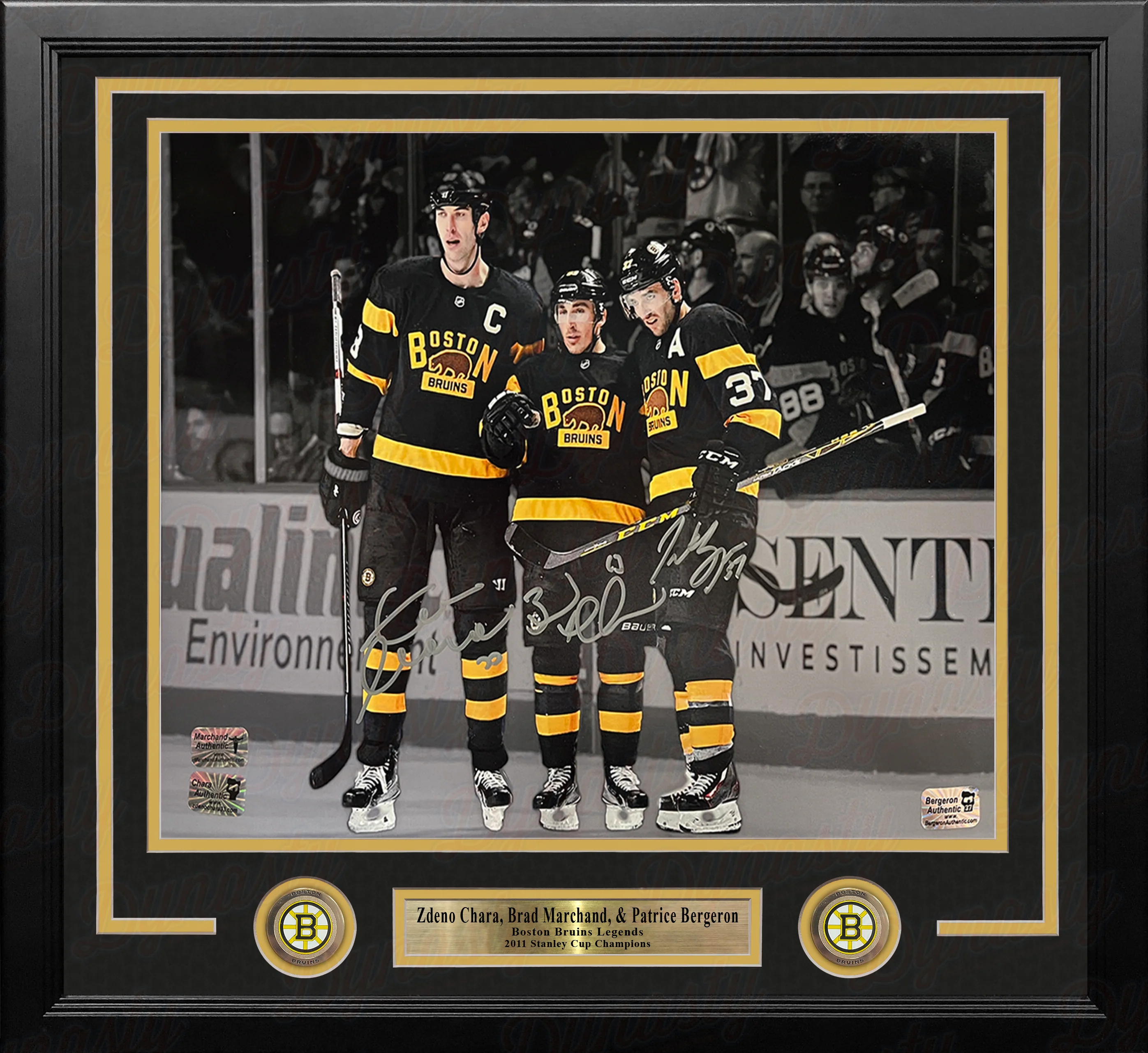 Zdeno Chara, Brad Marchand, Patrice Bergeron Boston Bruins Autographed 11x14 Framed Blackout Photo - Image 2